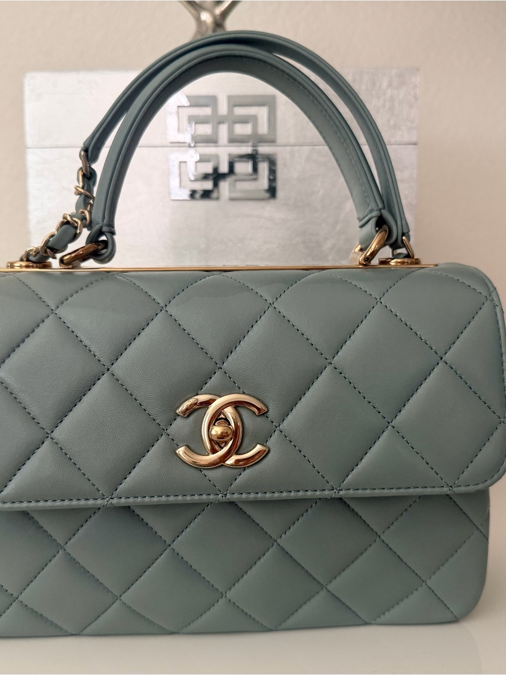 CHANEL Sage Green Quilted Top Handle Satchel with Gold Hardware